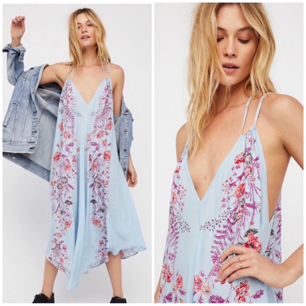 Intimately Free People Slip Dress Womens Small Blue Ashbury Strappy Floral Boho